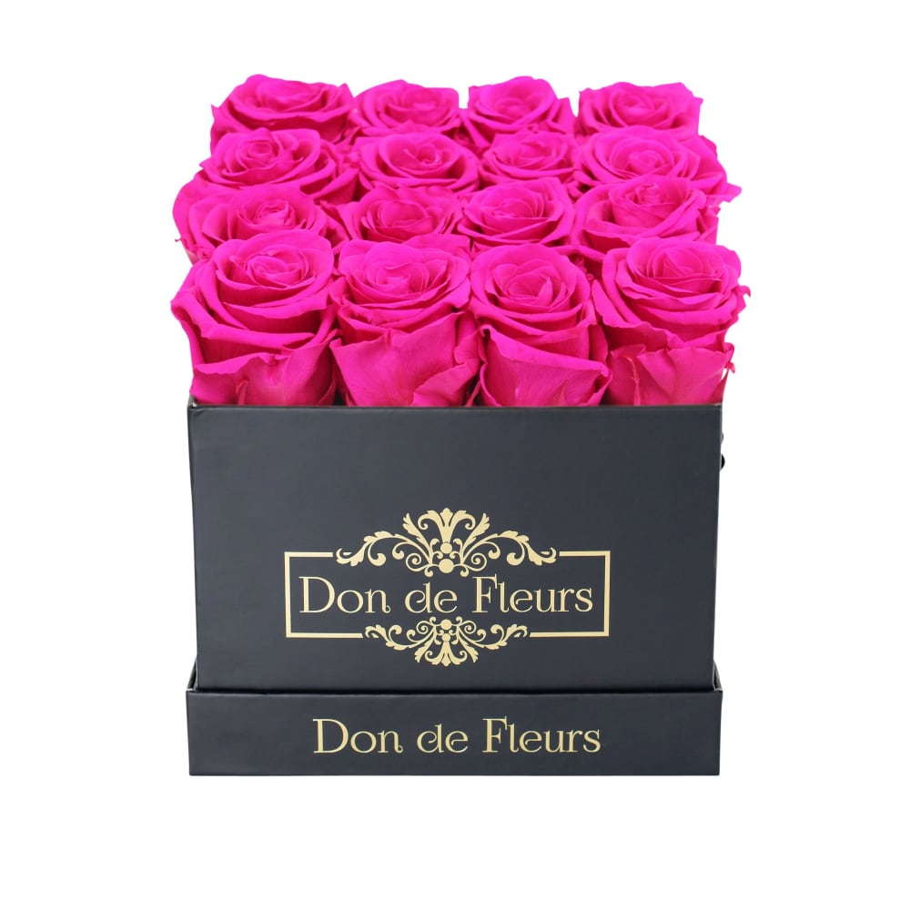 Small Square Preserved Rose Box-Black Classic Box-Hot Pink