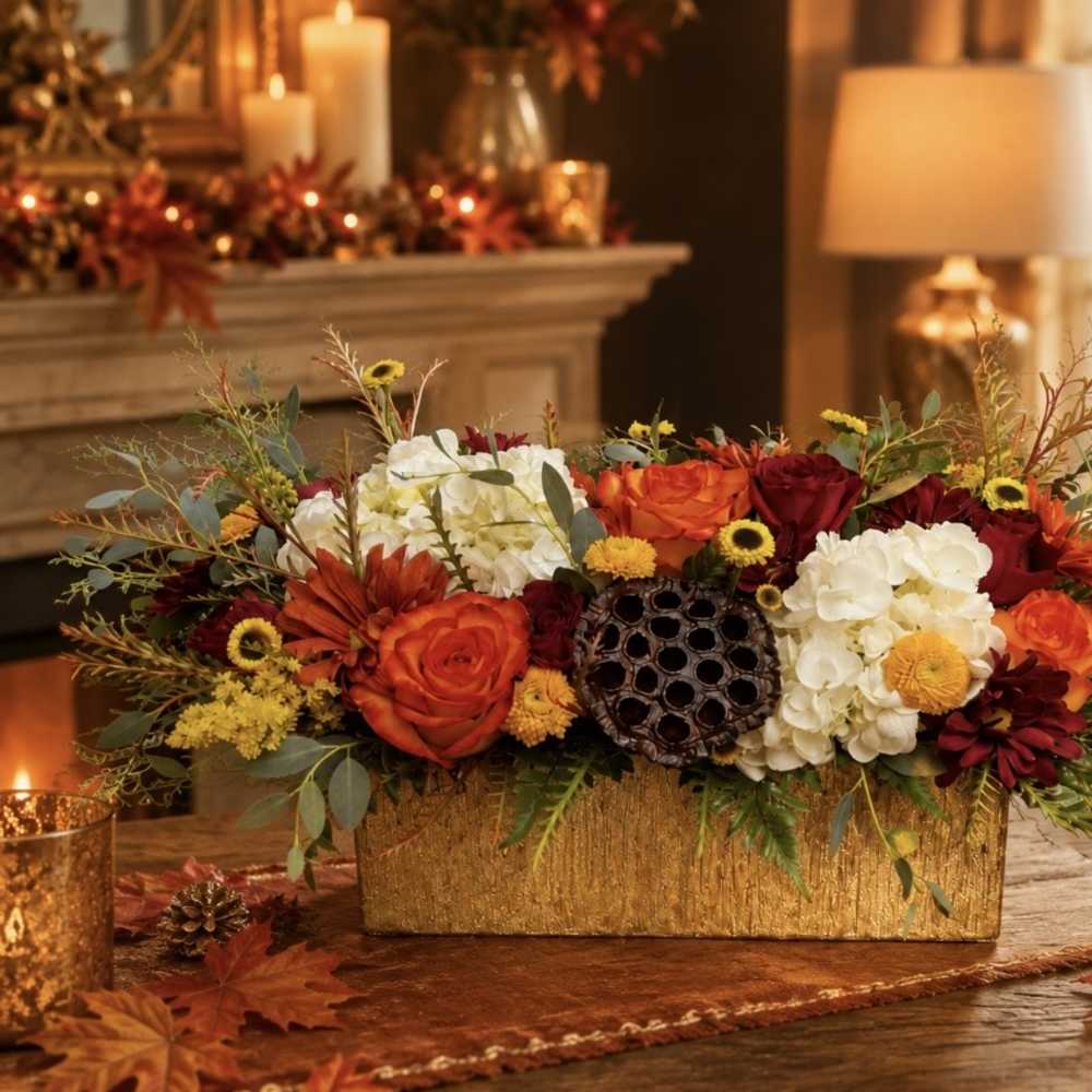 Autumn floral arrangement in a gold rectangular container with candles nearby