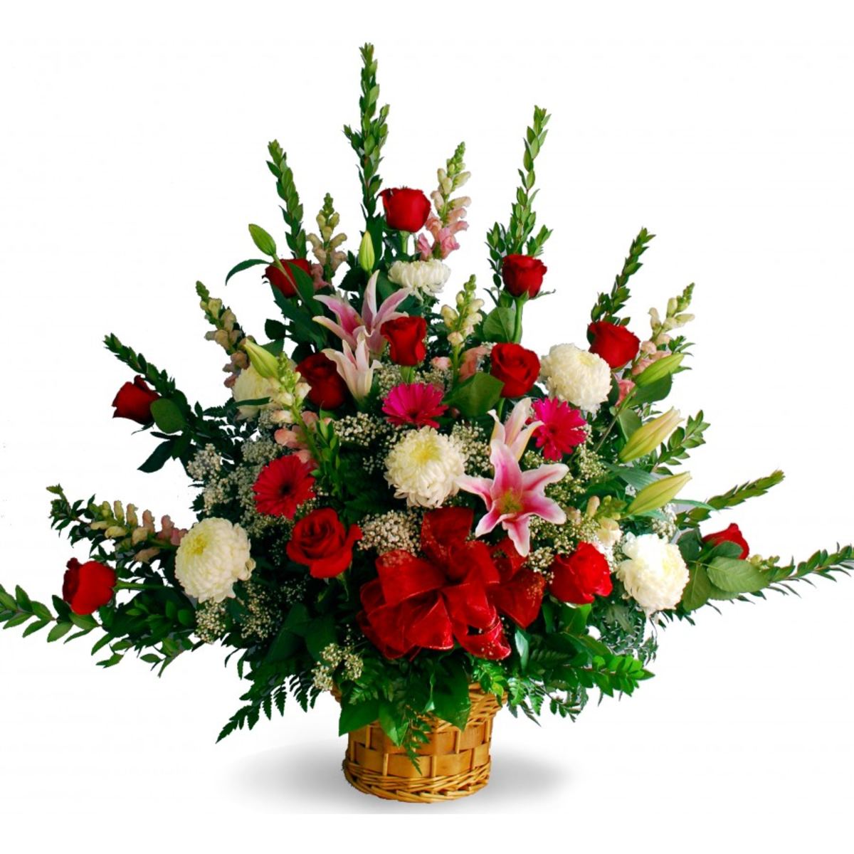 Basket arrangement of red roses, pink lilies, and white mums