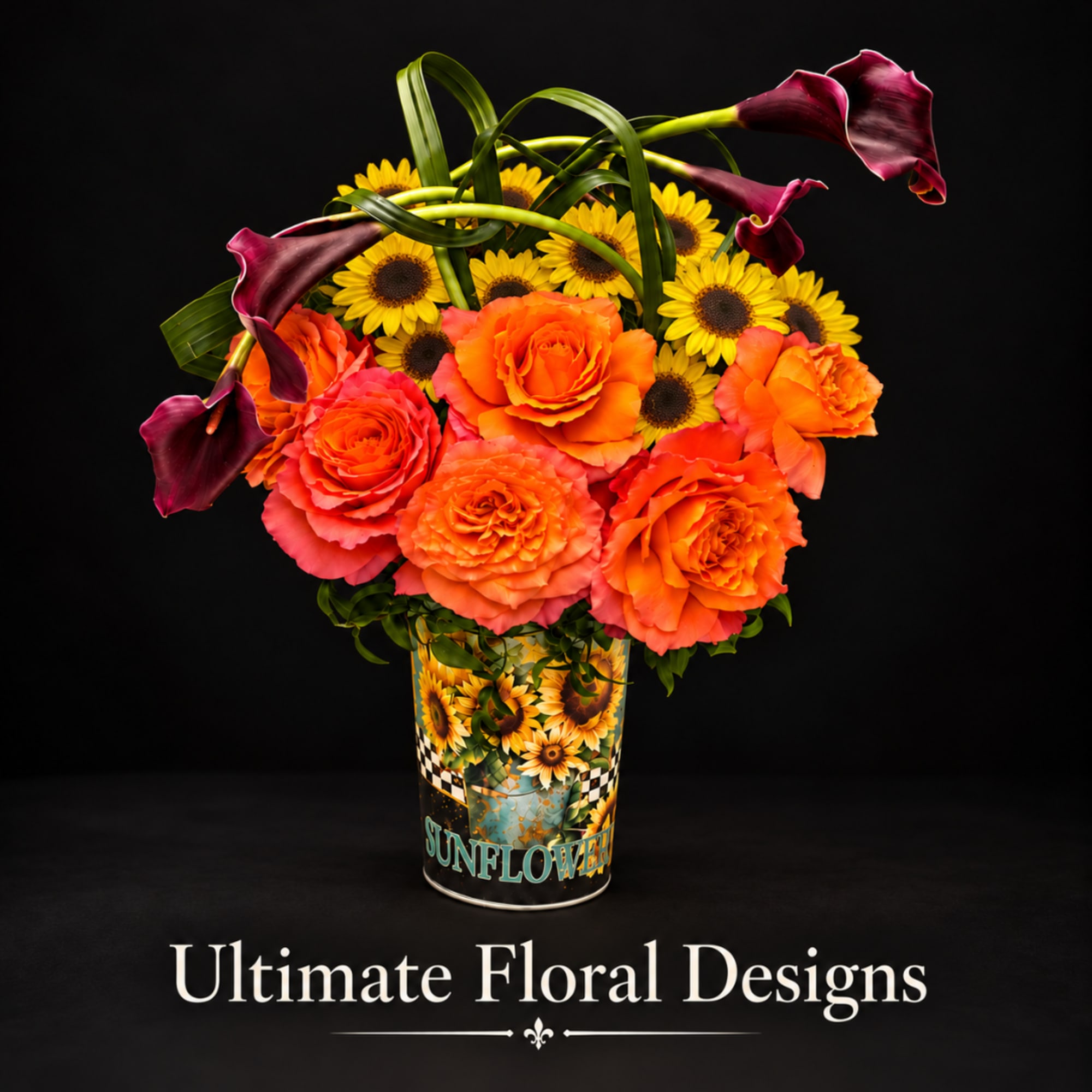 Bouquet of orange roses, sunflowers, and dark calla lilies in a printed tin container