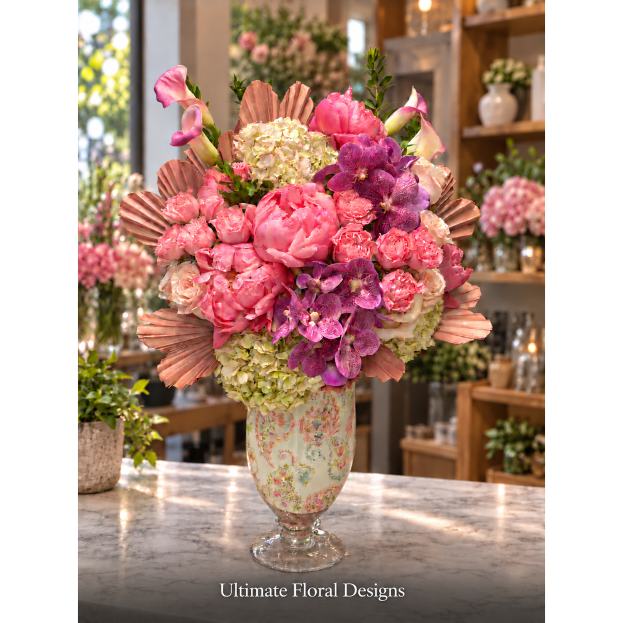 Pink and purple floral arrangement in a decorative glass vase