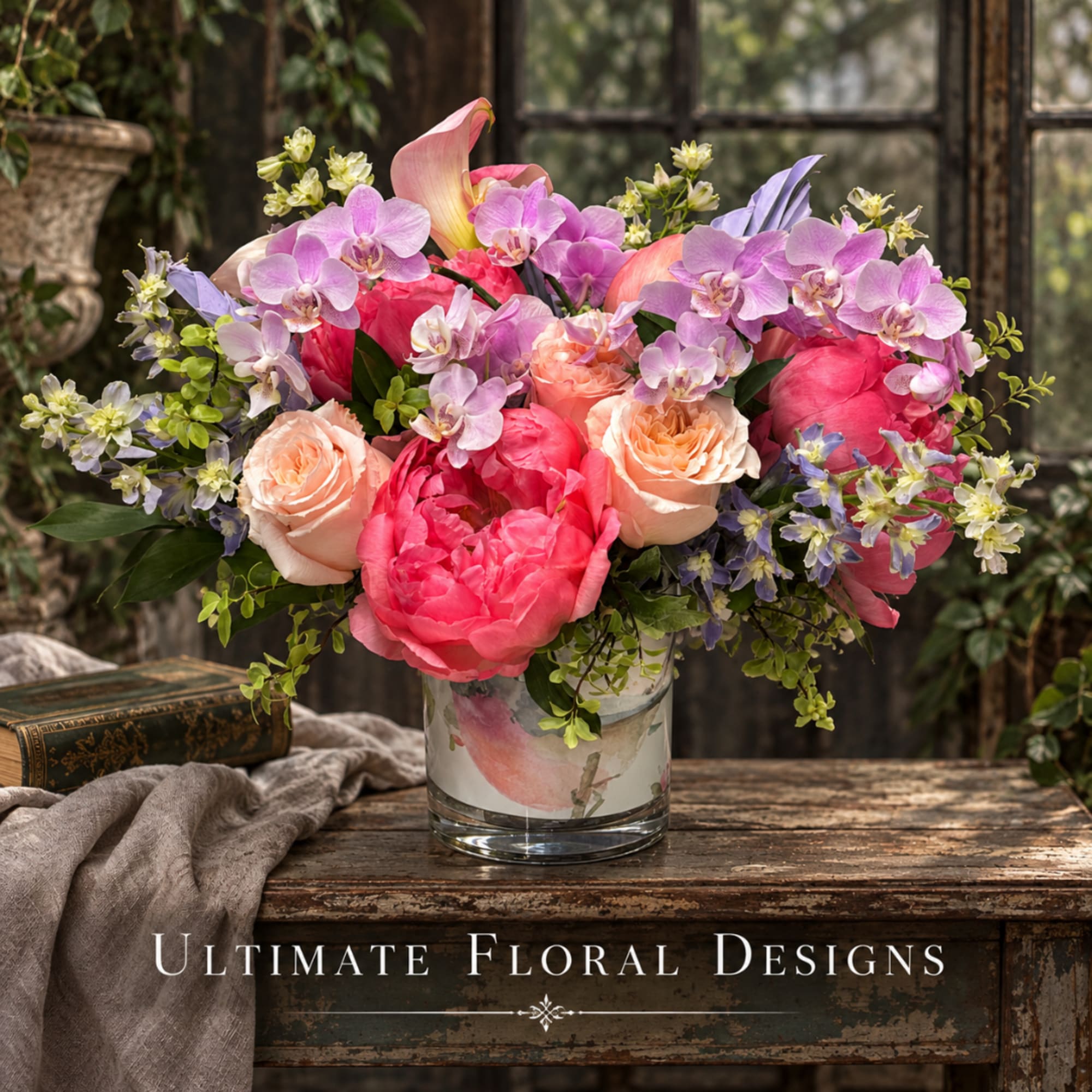 Pink and lavender floral arrangement in a glass vase on a rustic table