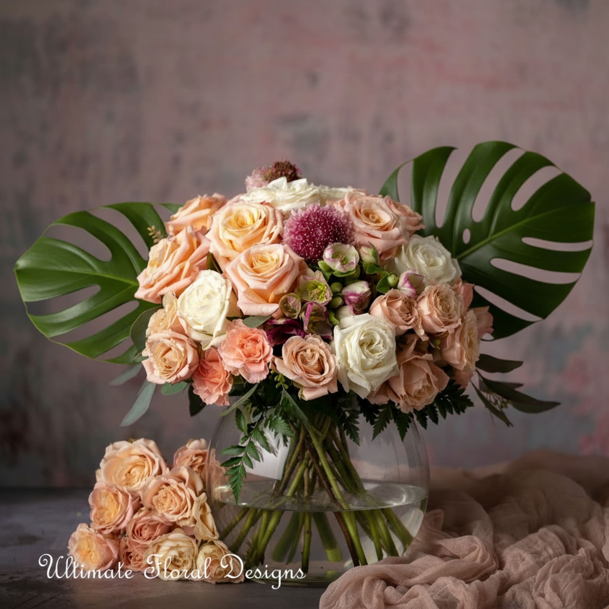 Peach and white rose bouquet in a clear glass vase with large tropical leaves