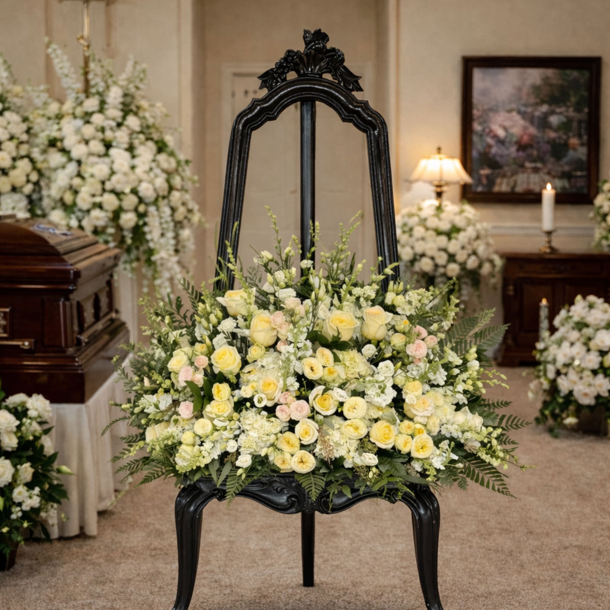 Large white and pale yellow floral spray on a black chair in a chapel