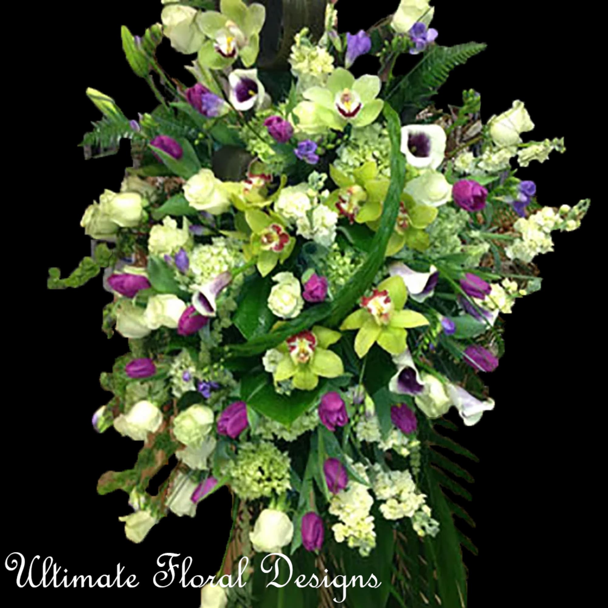 Tall floral spray with green orchids, purple blooms, and white flowers