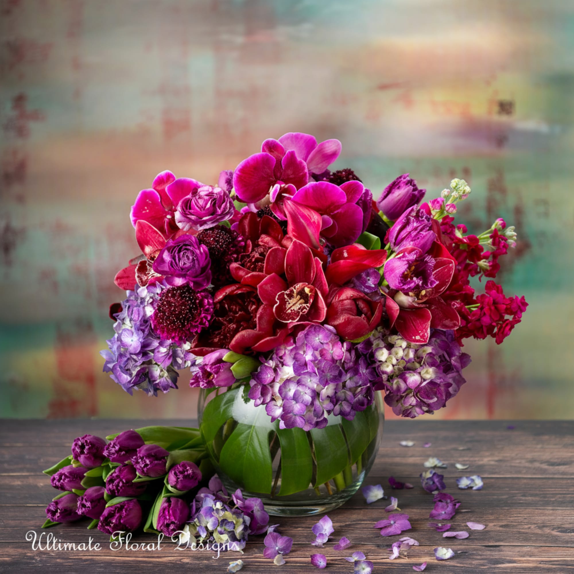Purple and magenta floral arrangement in a glass vase on a wooden table