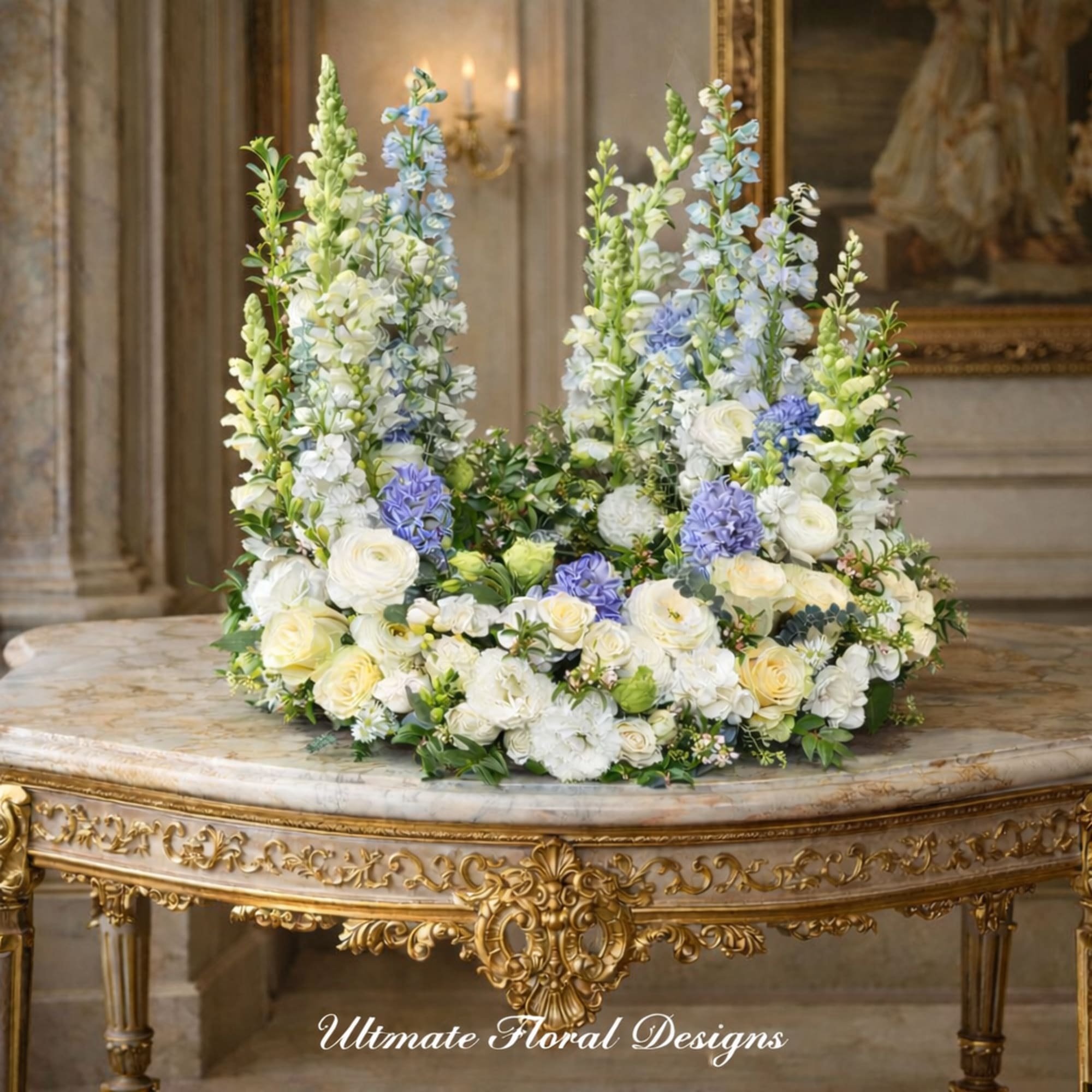 Large floral centerpiece with white, cream, and blue flowers on an ornate table