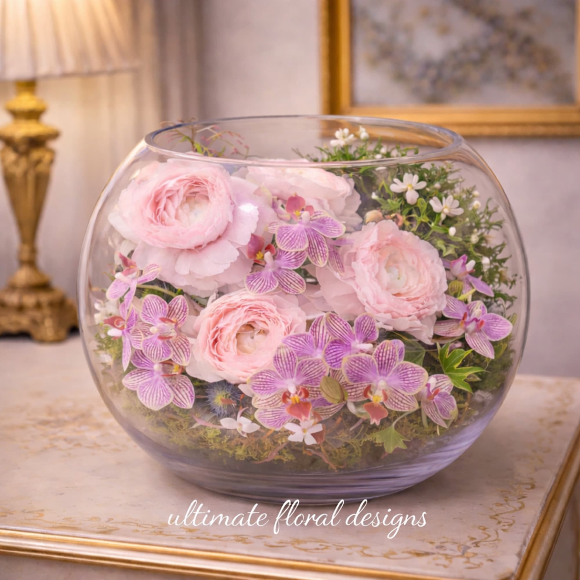 Pink flowers and purple orchids arranged in a round glass bowl
