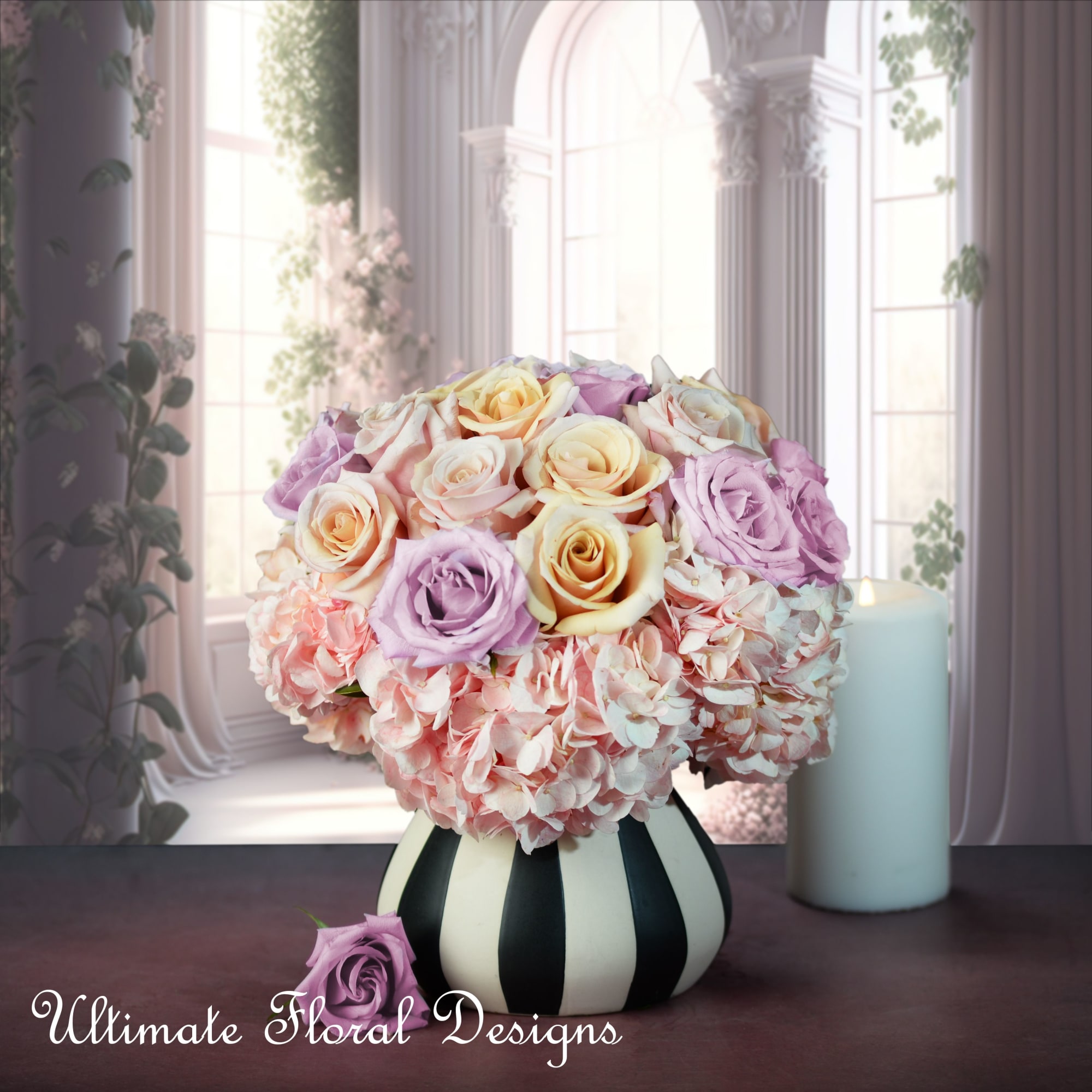 Pastel roses and hydrangeas in a striped vase with a candle nearby
