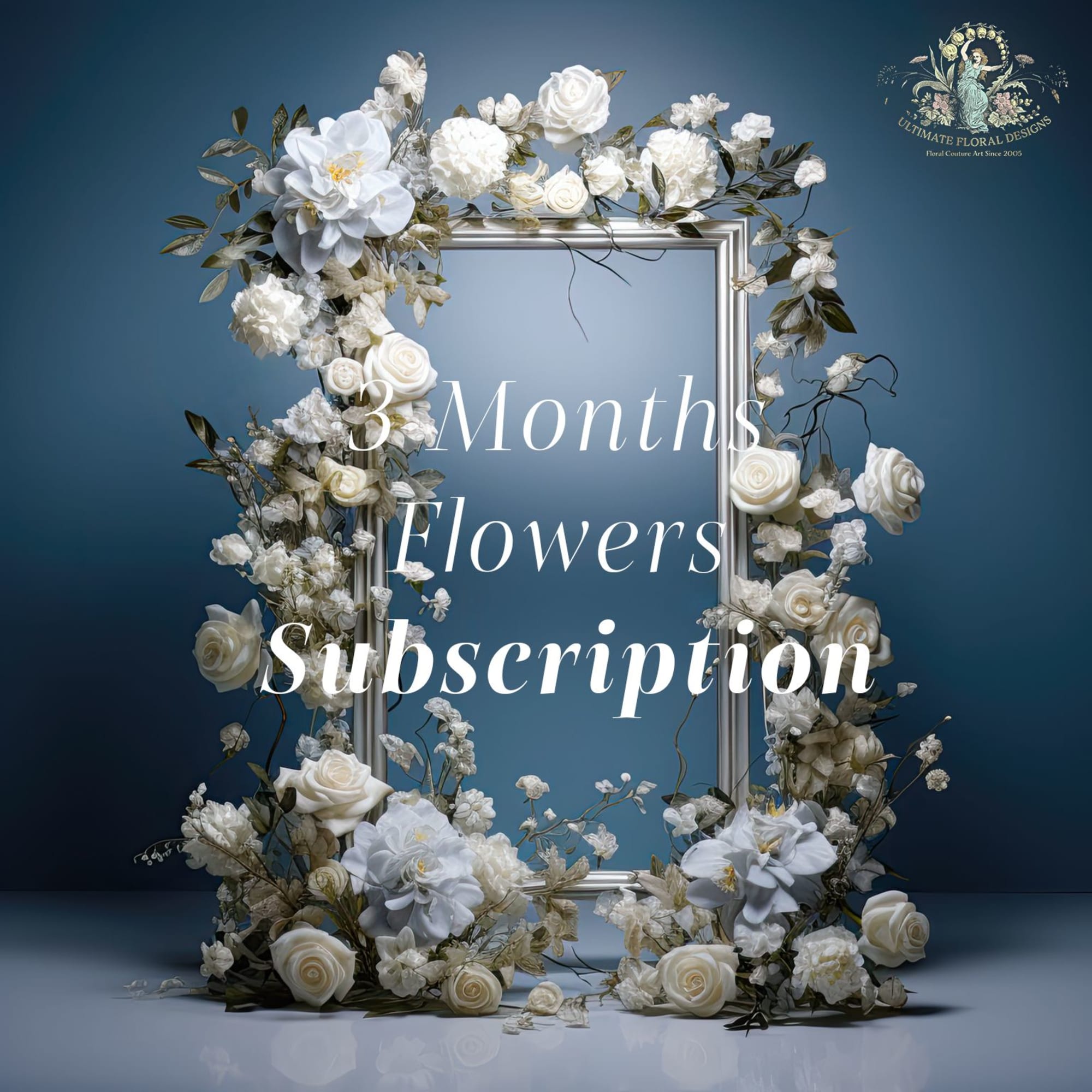 White floral arrangement framing a mirror with large text overlay