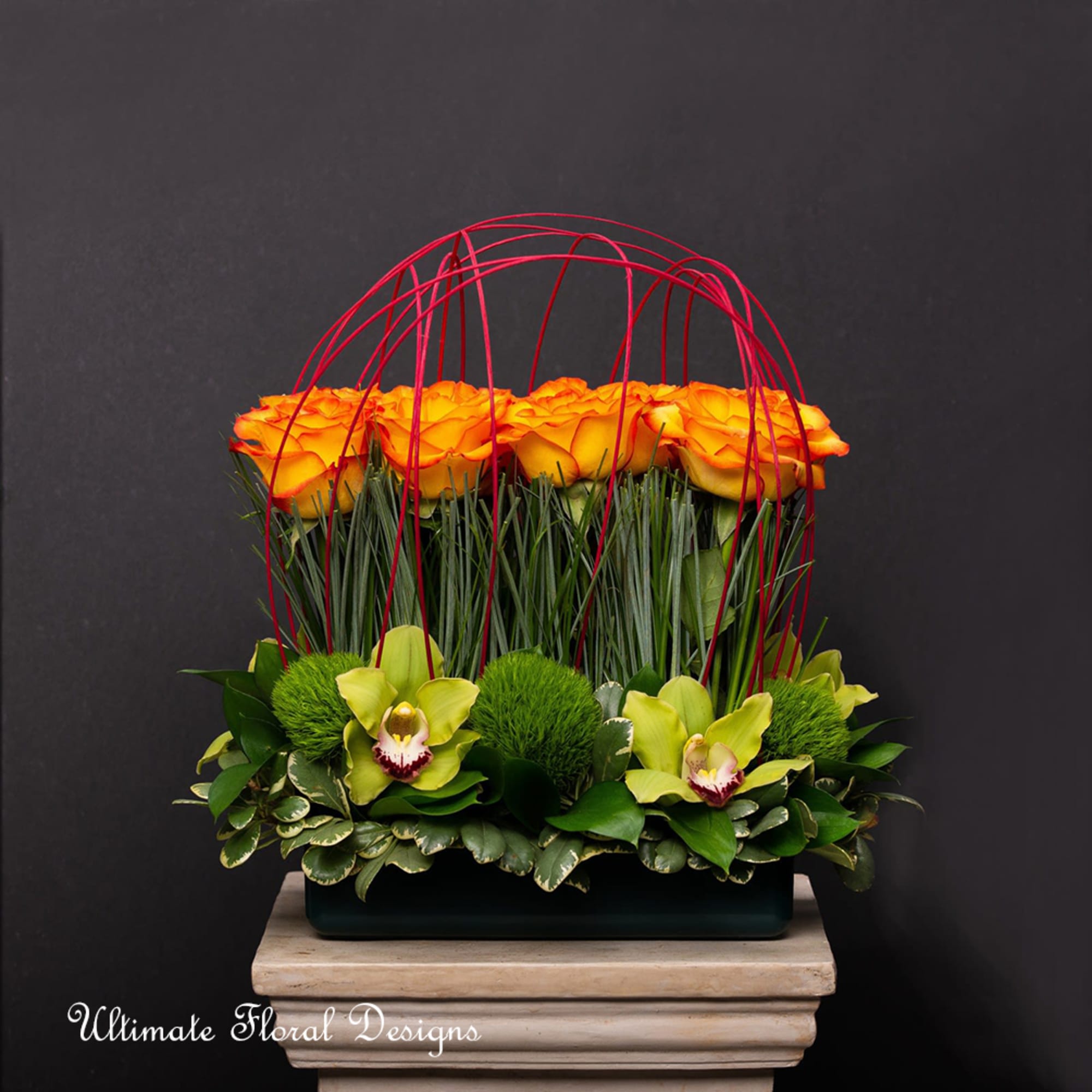 Orange roses in a rectangular arrangement with green orchids and red wire arches