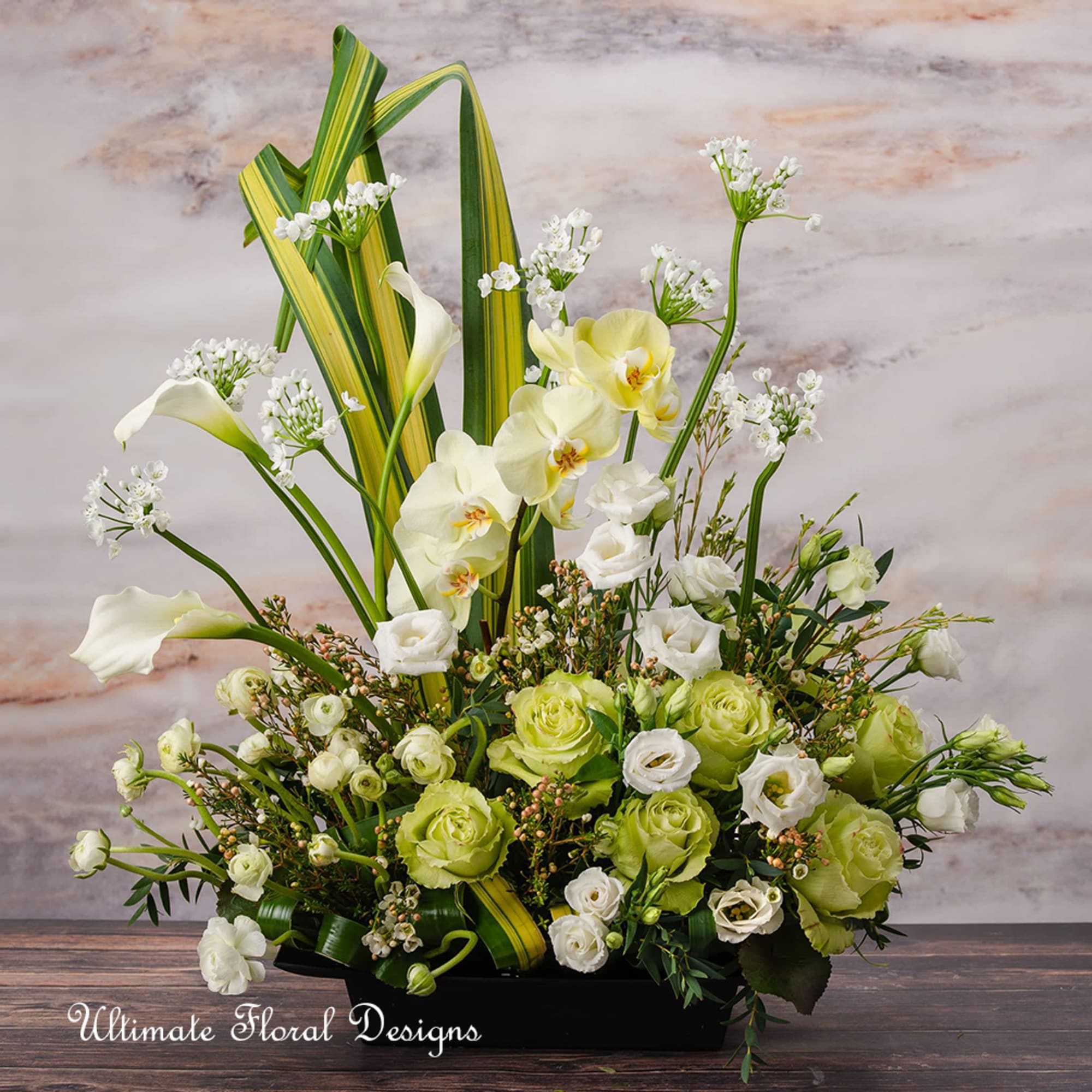 White and green floral arrangement with orchids, roses, and calla lilies in a black container