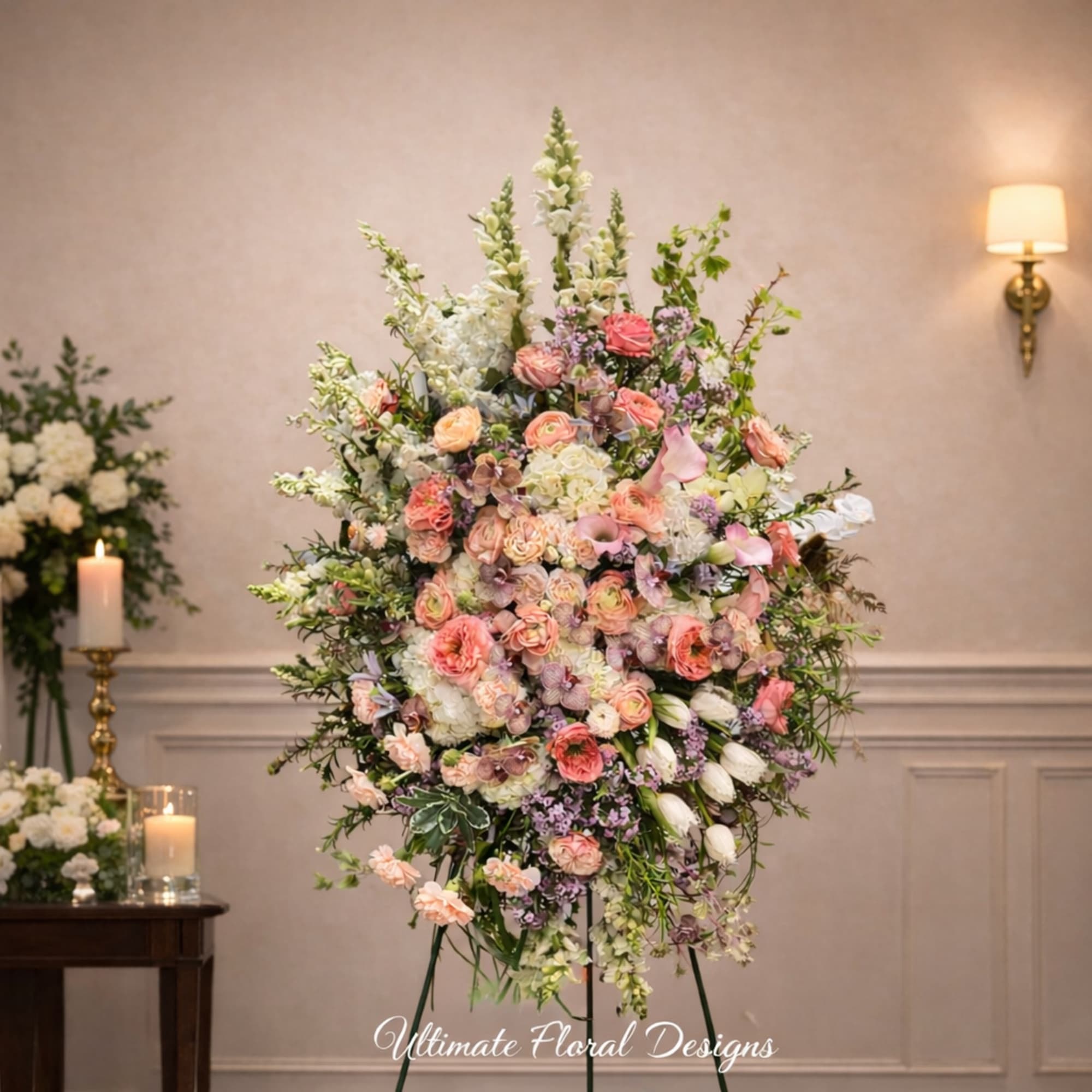 Large pastel floral standing arrangement with roses and lilies