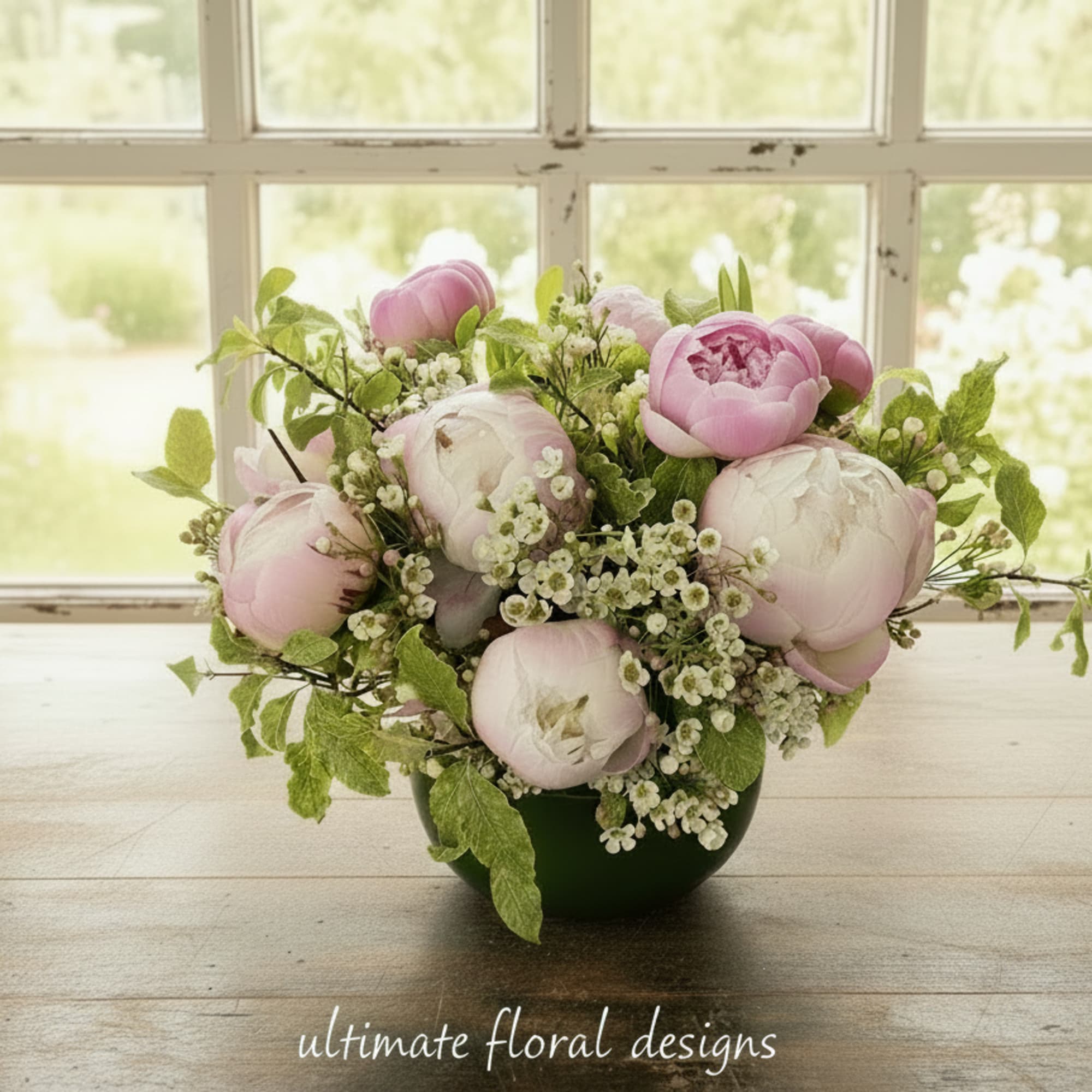 Pink and white peonies arranged in a low vase