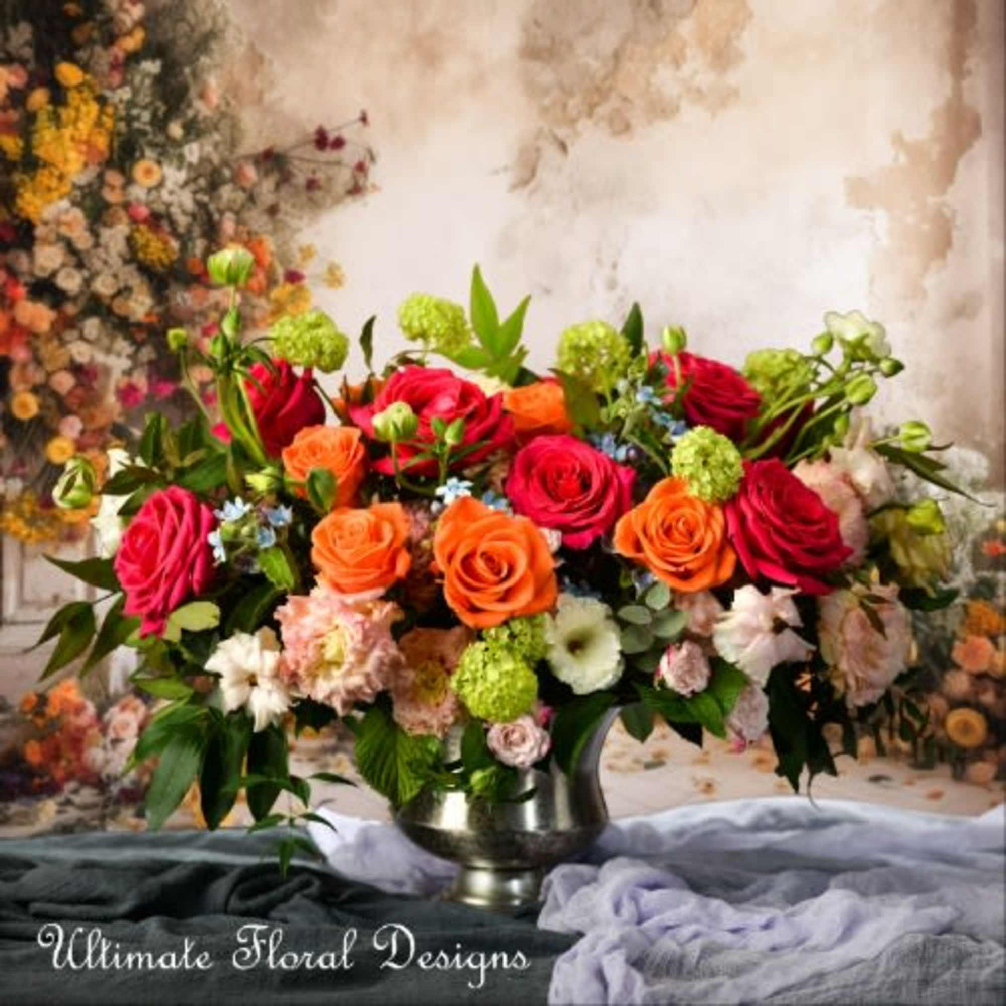 Mixed bouquet of red and orange roses in a silver vase