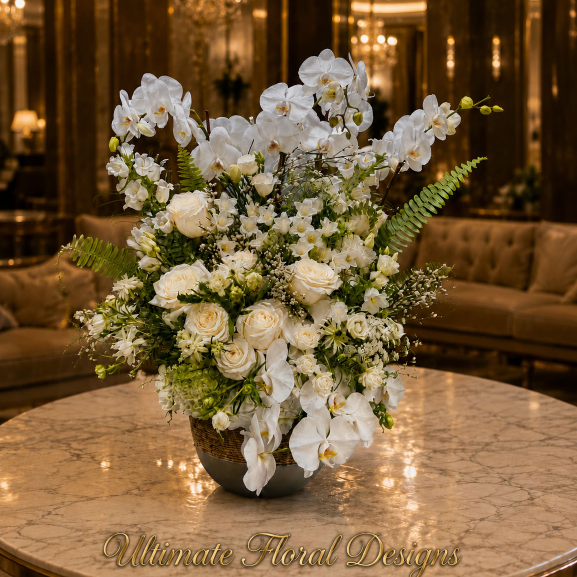 White orchids and roses arranged in a low bowl on a marble table