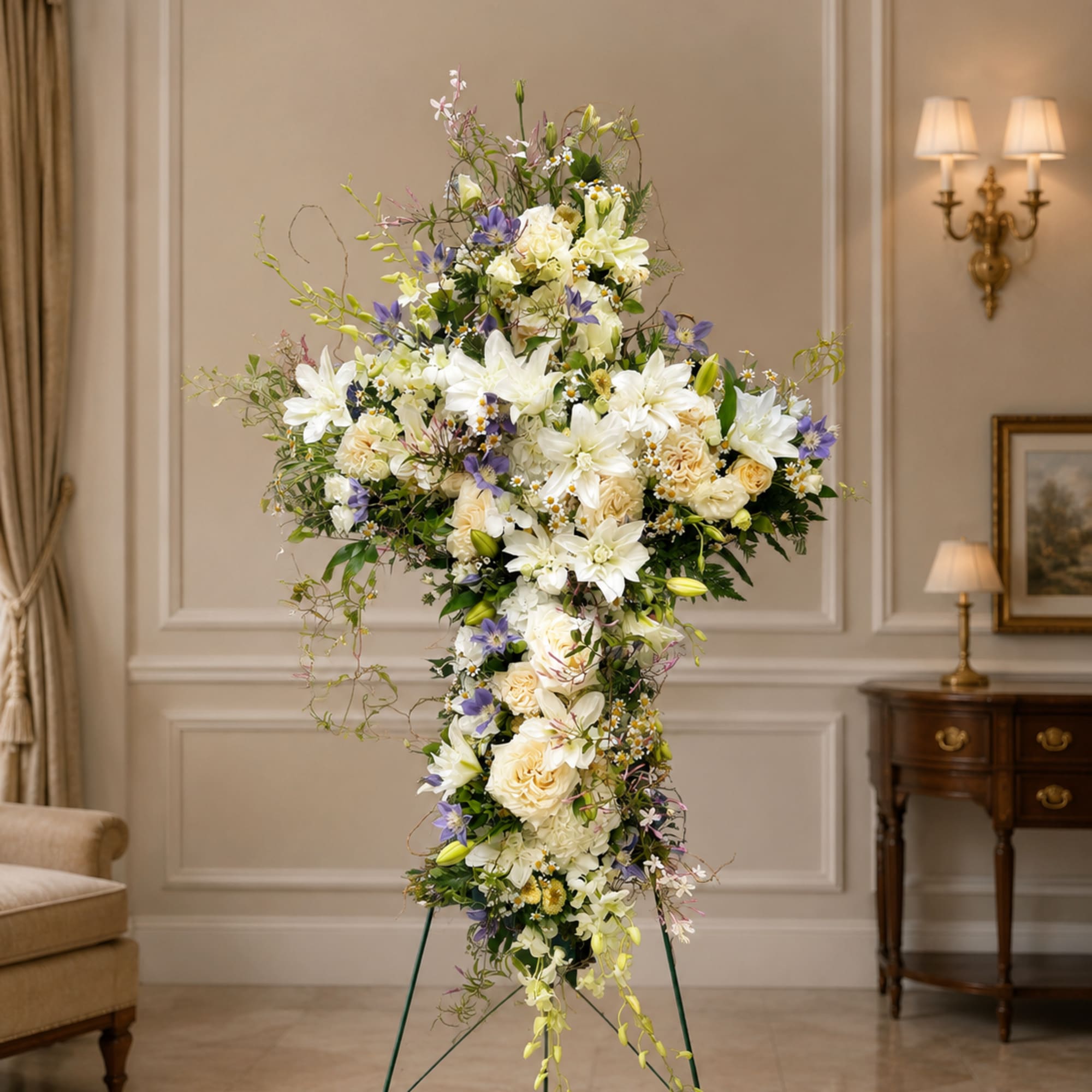 Tall standing floral cross with white and lavender flowers on a metal easel