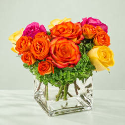 Colorful roses arranged in a clear square glass vase
