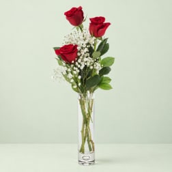 Three red roses in a tall clear vase with white baby's breath
