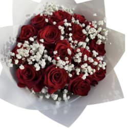 Bouquet of red roses with white baby's breath in white wrap