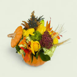 Autumn floral arrangement in a pumpkin container with yellow roses and mums