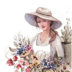 Painting of a woman in a wide-brim hat holding colorful flowers