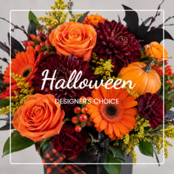Halloween bouquet with orange roses, orange gerbera daisies, and burgundy mums