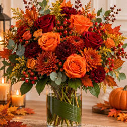 Autumn bouquet of orange and red roses in a clear glass vase