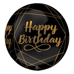 Black birthday balloon with gold lettering and geometric lines