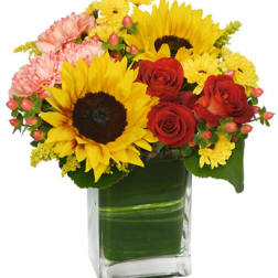 Bouquet of sunflowers, red roses, and pink carnations in a glass vase