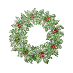 Sparkly holiday wreath with green leaves and red berries