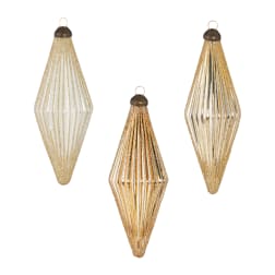 Three gold and white striped glass ornaments with hanging loops