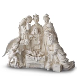 White nativity figurine with the Three Wise Men, Mary, Joseph, baby Jesus, and an angel