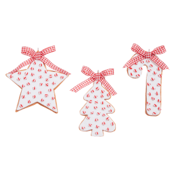 Three peppermint cookie ornaments shaped like a star, tree, and candy cane