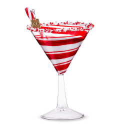 Red and white striped martini glass ornament with a small charm