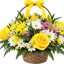 Yellow roses and white-purple daisies in a wicker basket with a yellow bow