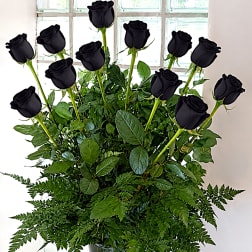 Arrangement of black roses in a vase with dense green foliage