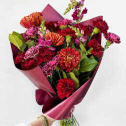 Handheld bouquet of red and pink carnations wrapped in burgundy paper