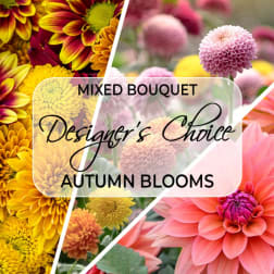 Collage of autumn flowers with mixed bouquet text overlay