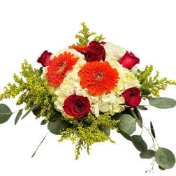 Bouquet of red roses, orange gerbera daisies, and white hydrangeas