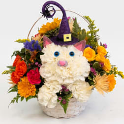 Flower basket shaped like a cat wearing a purple witch hat
