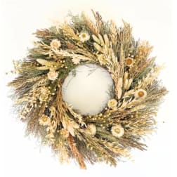 Dried floral wreath with beige and gold tones