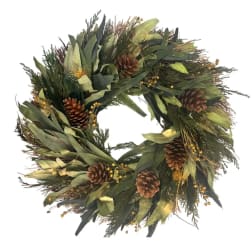 Evergreen wreath with pinecones and gold accents