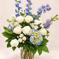 White roses and blue flowers arranged in a clear glass vase