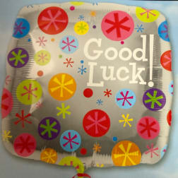 Silver balloon with colorful dots and the words Good Luck!