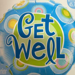 Blue foil balloon with the words "Get Well" and colorful circles