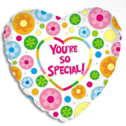 Heart-shaped balloon with colorful flower patterns and "You're So Special!" text
