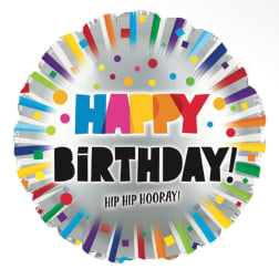 Round birthday foil balloon with colorful confetti and text