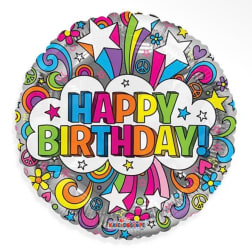 Round birthday balloon with colorful "Happy Birthday" text