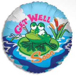 Round foil balloon with a cartoon frog and the words "Get Well Soon"